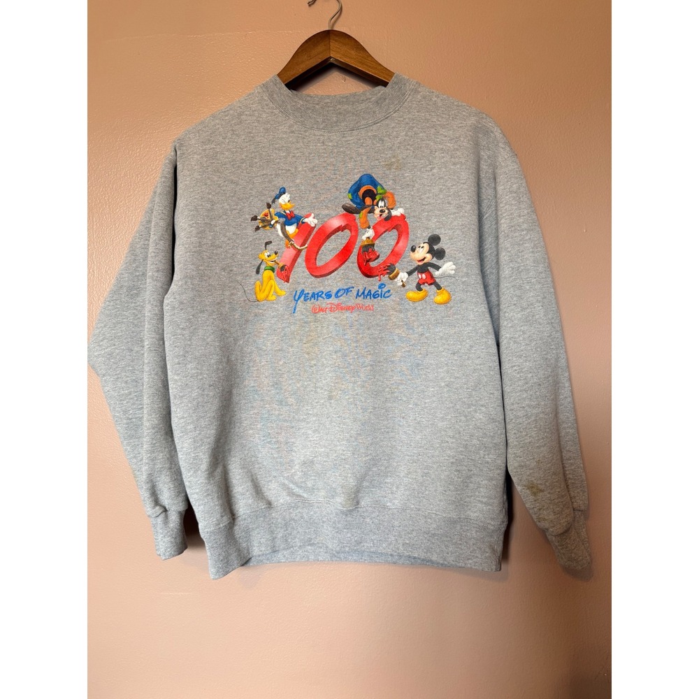 Disney World 100 Years of Magic Crewneck Sweatshirt Gray Mickey Goofy Medium VTG